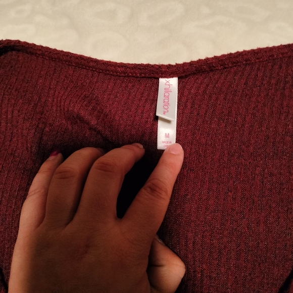 Burgundy red wrap around dress with long sleeve and ruffled cuff - Picture 6 of 6